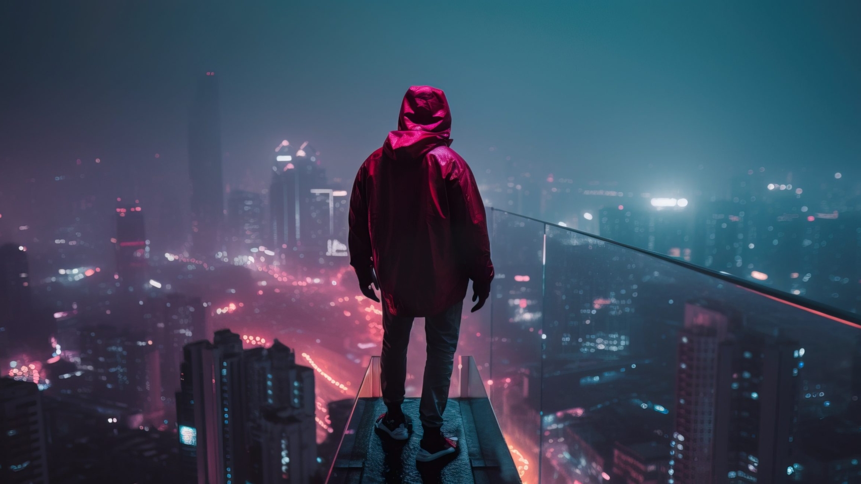A man in a futuristic hooded jacket stands on top of a skyscrape