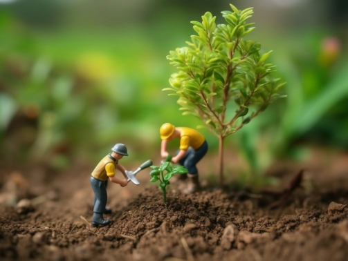 Sustainable Community Engagement, Toy People Planting Tree in Garden for Food Production and Habitat Restoration. Generative Ai