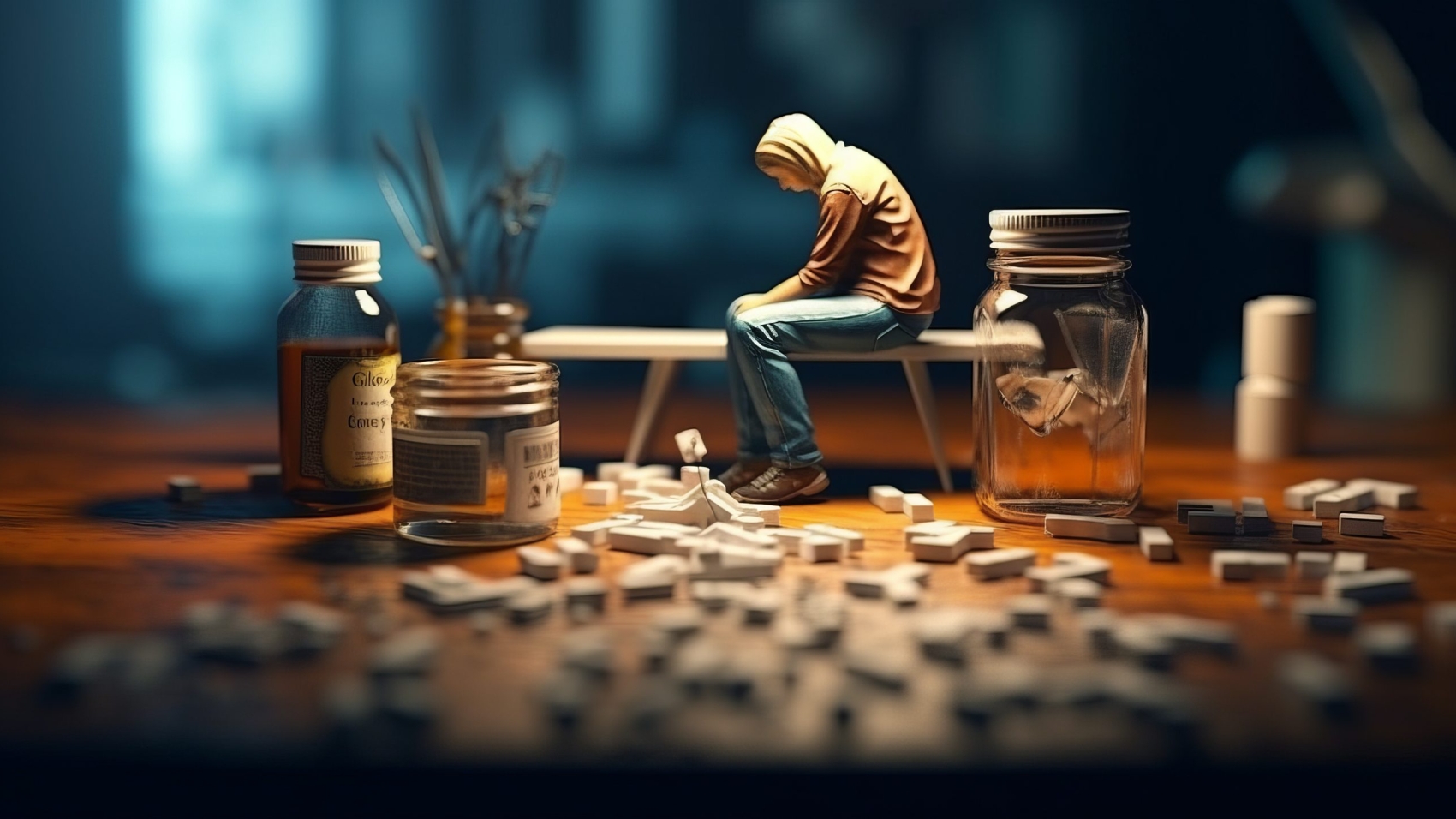 A person sitting on a table surrounded by pills. Concept of substance addiction. Generative ai