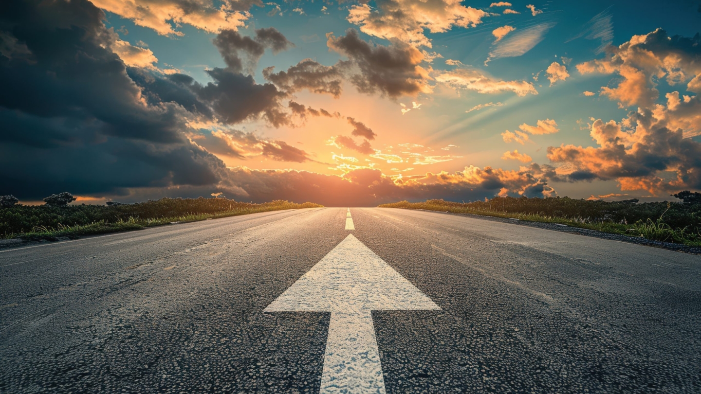 Close-up of a road arrow pointing forward, leading towards a glowing sunset through a tree-lined path in golden light.. Beautiful simple AI generated image