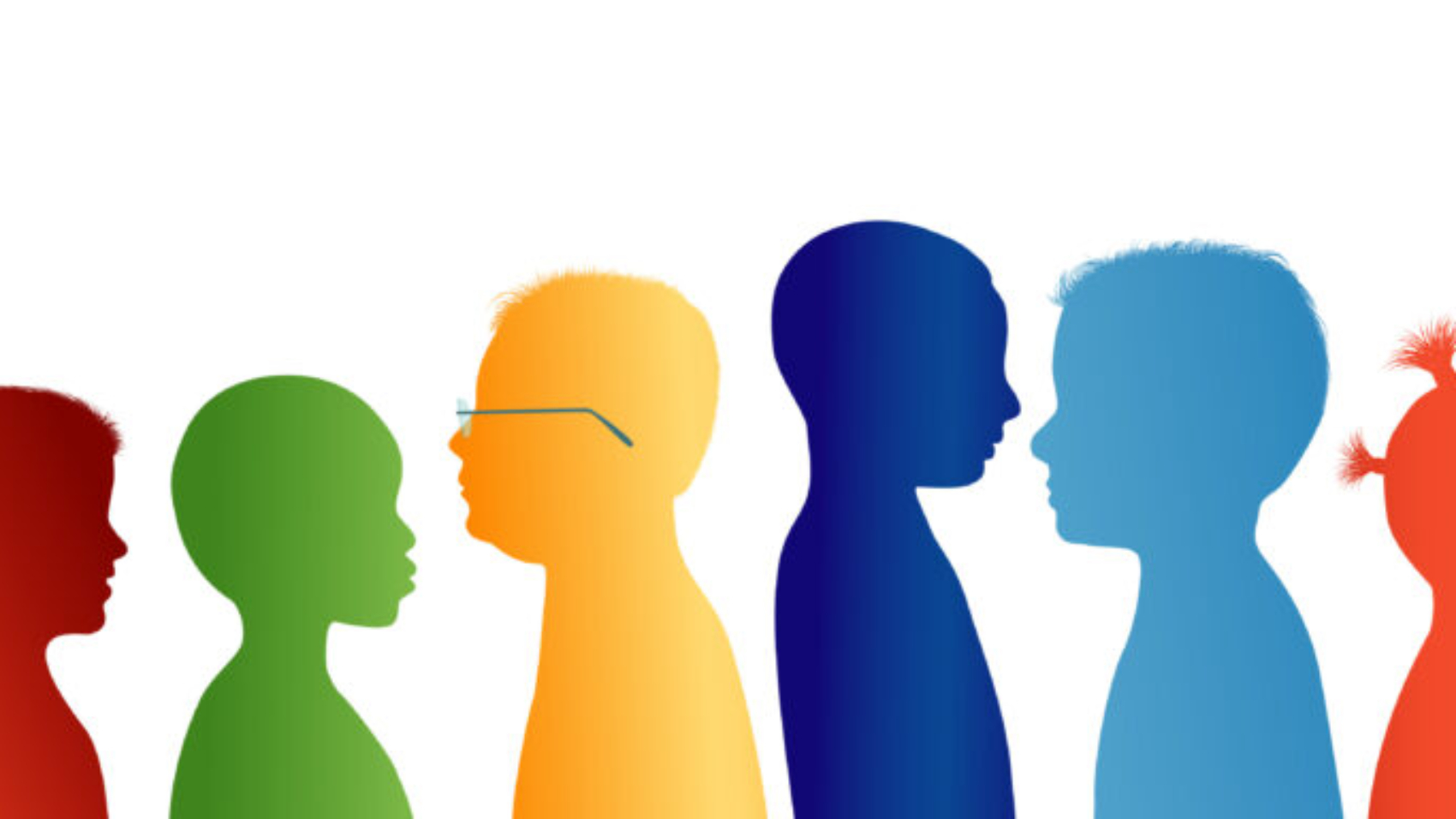 Silhouette group of colored profile children. Communication between multi-ethnic children. Children talking