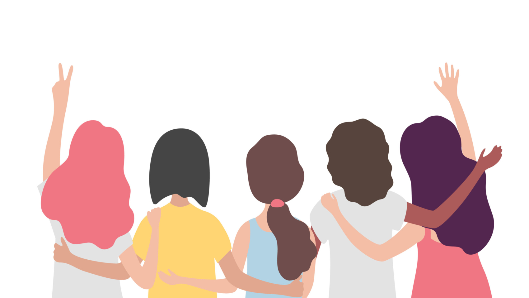 Diverse international group of women or girl hugging together. Sisterhood, friends, union of feminists, event celebration. Girls team on isolated background with copy space. Flat vector illustration.