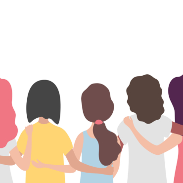 Diverse international group of women or girl hugging together. Sisterhood, friends, union of feminists, event celebration. Girls team on isolated background with copy space. Flat vector illustration.