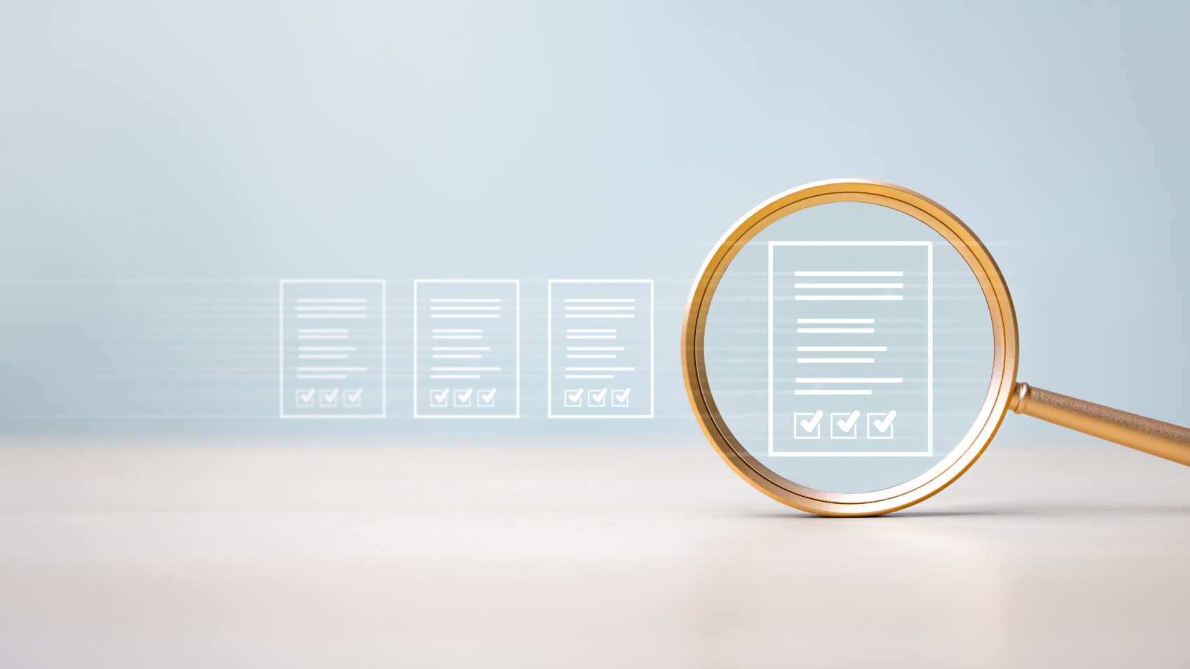 Magnifying glass document management checklist. Magnifying glass check mark approved. Audit certificate evaluate examination reviewing. Magnifying inspector inspect quality Assurance selection summary