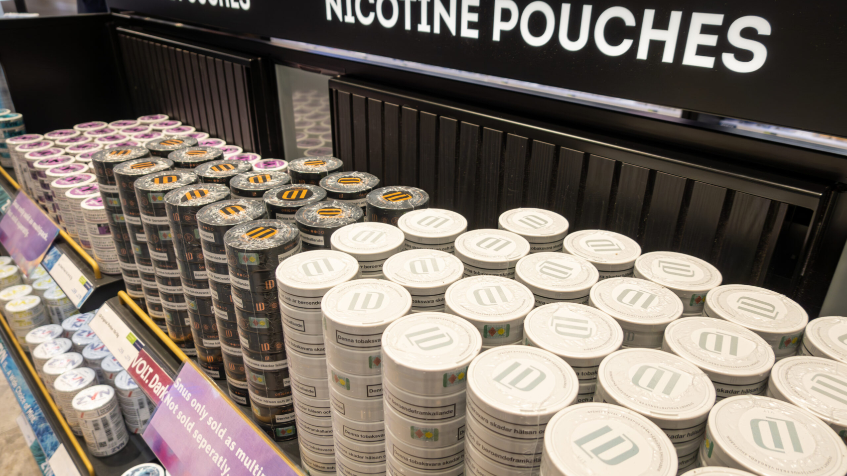Stockholm, Sweden Jan 21, 2025 Nicotine pouches for sale in a duty free shop at Arlanda Airport.