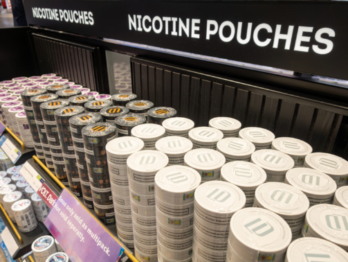 Stockholm, Sweden Jan 21, 2025 Nicotine pouches for sale in a duty free shop at Arlanda Airport.