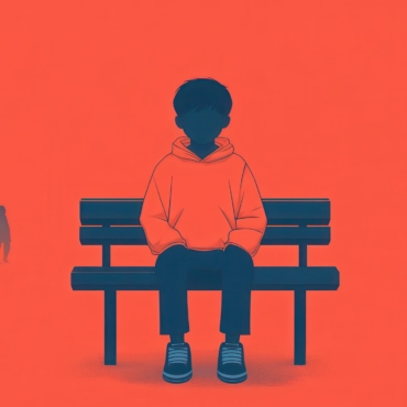a lonely child sitting on a bench, feeling isolated while others walk away
